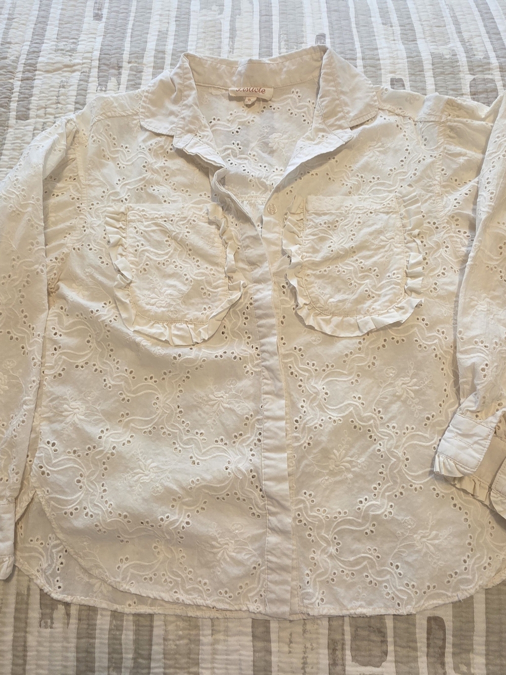 Listicle White Eyelet Ruffle Pocket Button-Up Blouse
